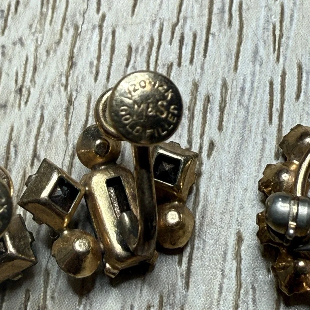 Vintage 12K M&S Gold Filled SET Screw Back‎ Earrings and Brooch Aqua Clear